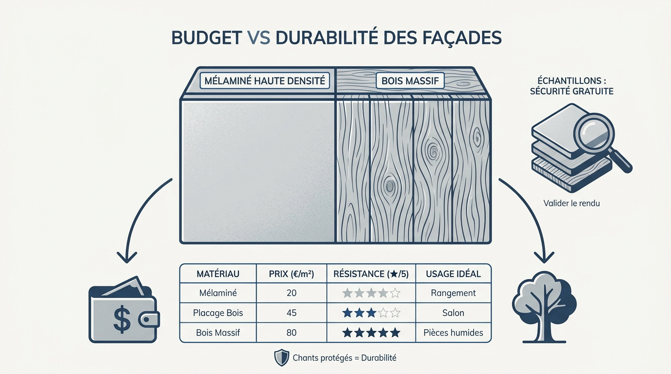 Comparaison visuelle entre finitions de meubles en mélaminé et bois massif pour optimiser son budget